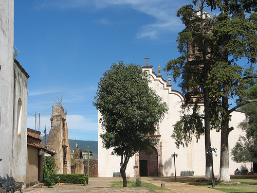 Tzintzuntzan convent church with entrance to old church on left